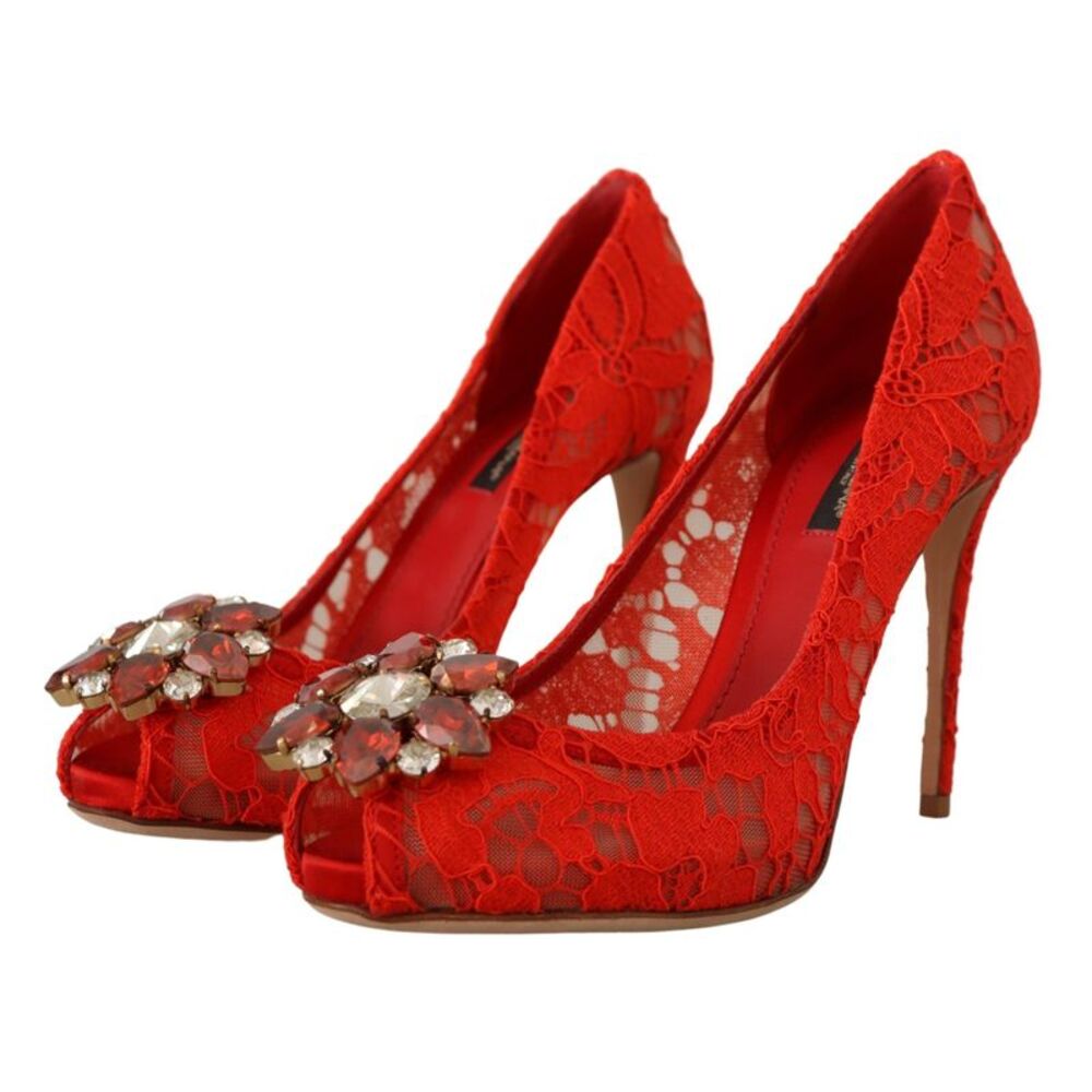 Dolce & Gabbana Red Taormina Lace Crystal Heels Women's Pumps
